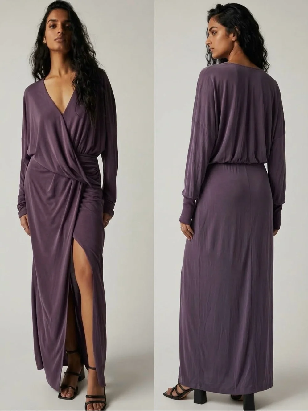 Free People Riley Cupra Wrap Maxi Dress Plum Purple Medium M NWOT Boho Slit